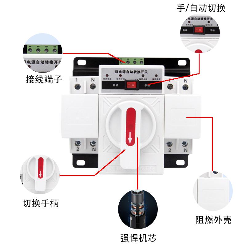 双电源自动转换开关切换开关单相220VB/63A/2P/迷你家用型CB白色