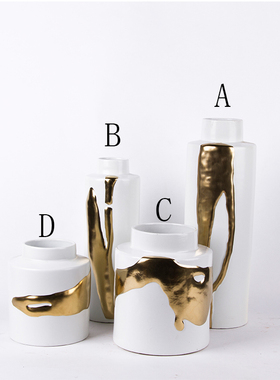 新中式后现代北欧轻奢陶瓷花瓶摆件样板房间家Q居客厅白色鎏金瓷