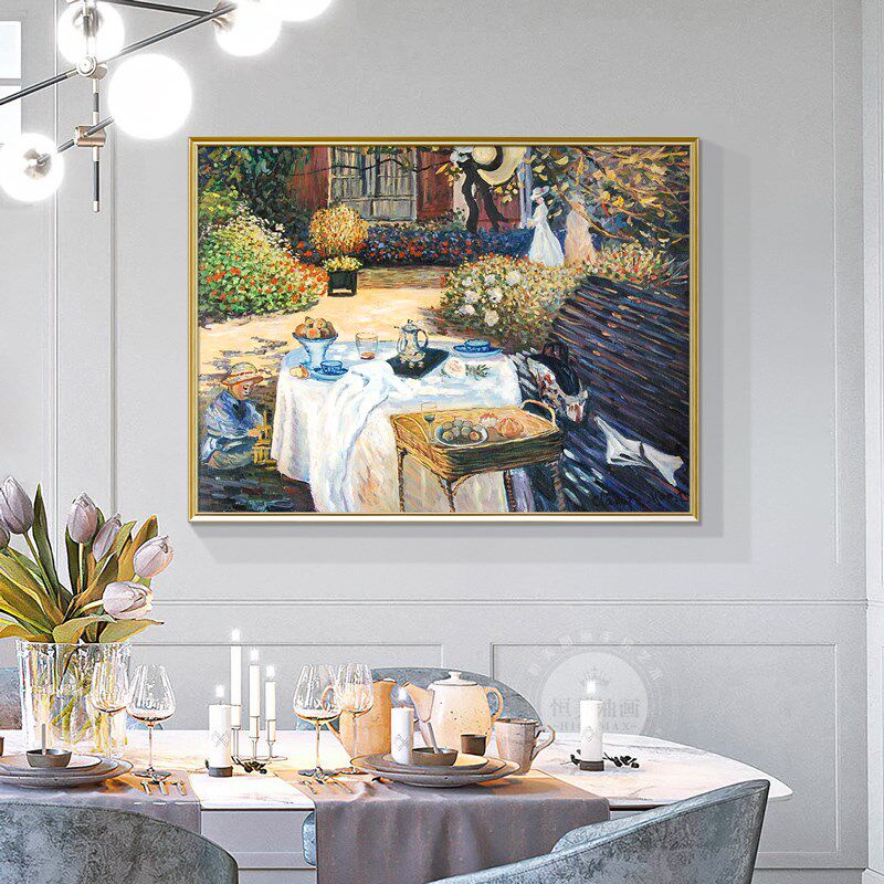 名画临摹莫奈手绘油画午餐客厅餐厅壁炉玄关Q装饰画欧式风景挂画