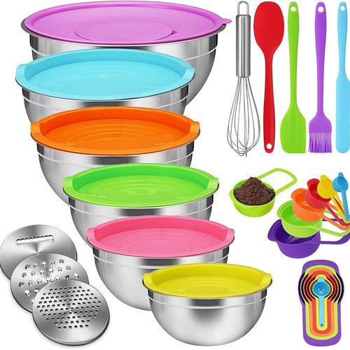 组合201双耳打不锈钢碗碗筷盖沙G拉烘焙带盆加厚圆形洗菜蛋盆