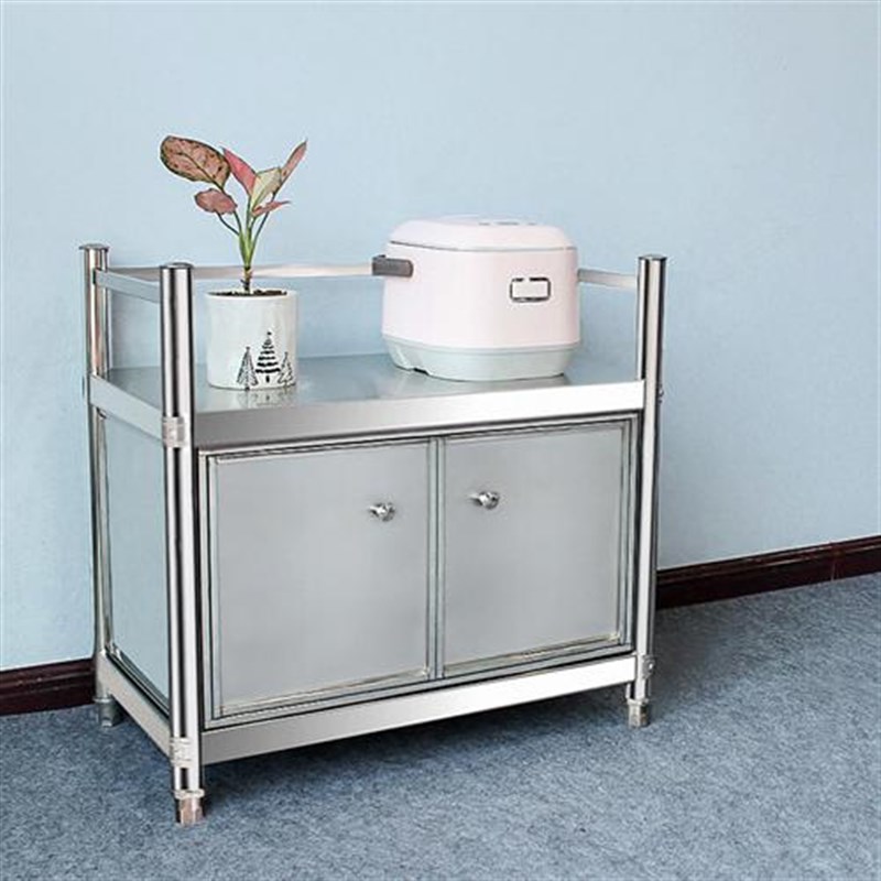 66高不锈钢微波炉置物架带柜门二层F家用储物架收纳货架落地餐边