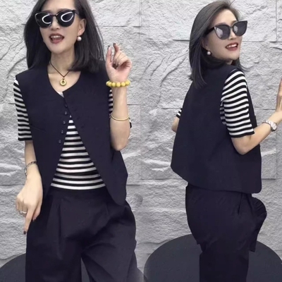 欧货时尚圆领单排扣西装马甲