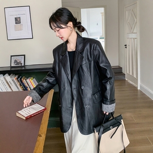 百搭小西服 港风复古时尚 高级感黑色PU皮衣西装 外套女2026秋冬新款