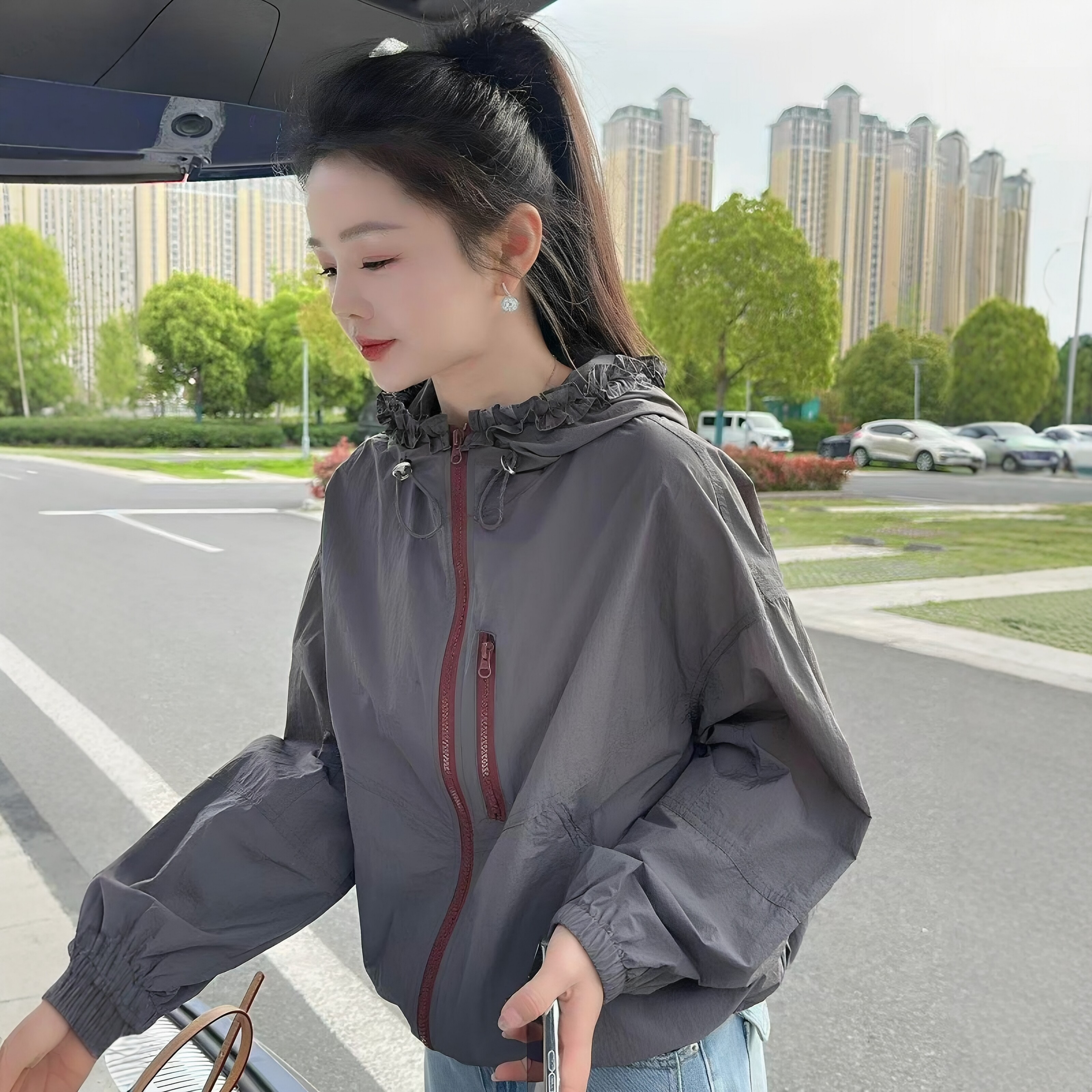 韩版撞色连帽抽绳花边拉链外套女2026夏季新款宽松休闲防晒衣夹克