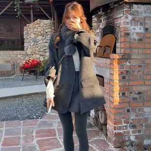 老钱风灰色毛领西装羽绒服女2025冬季新款保暖白鸭绒中长款外套潮