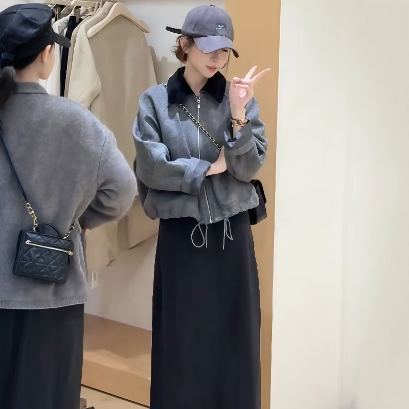 韩式翻领撞色加棉短外套