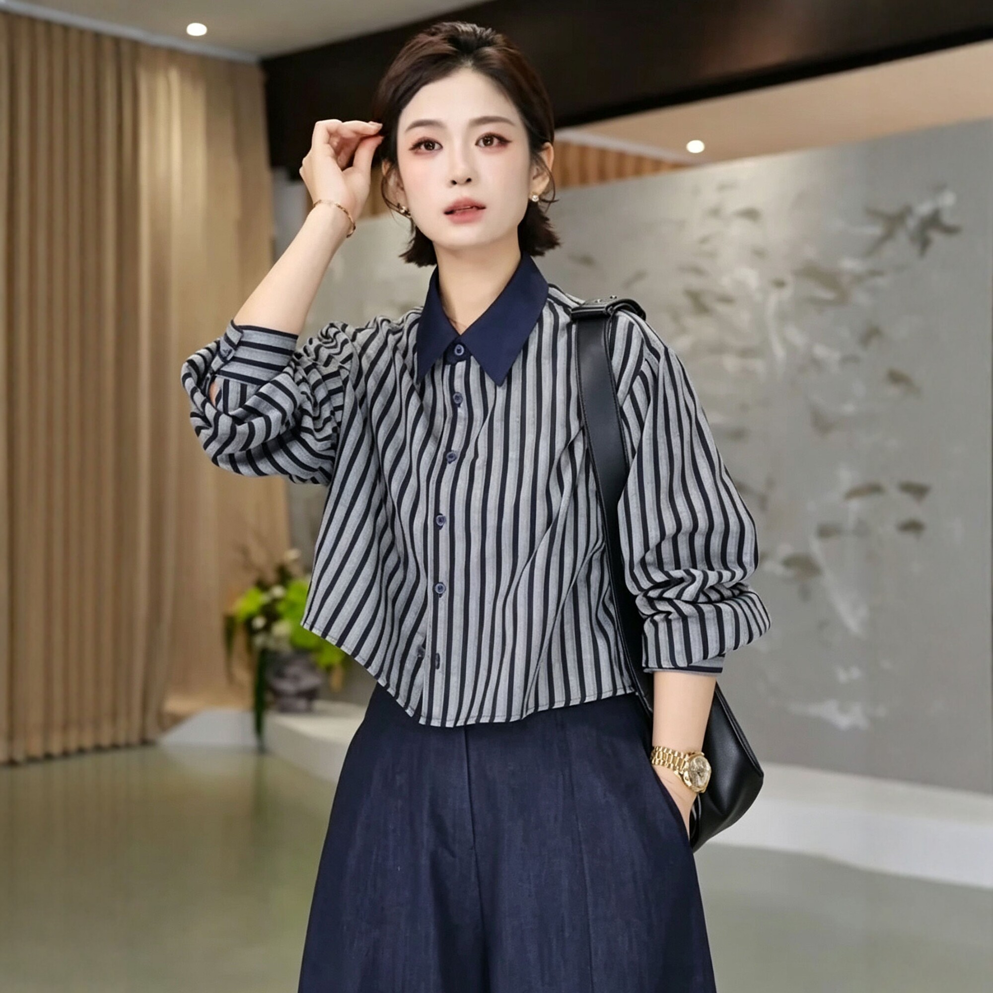 早春复古撞色条纹长袖衬衫女图片