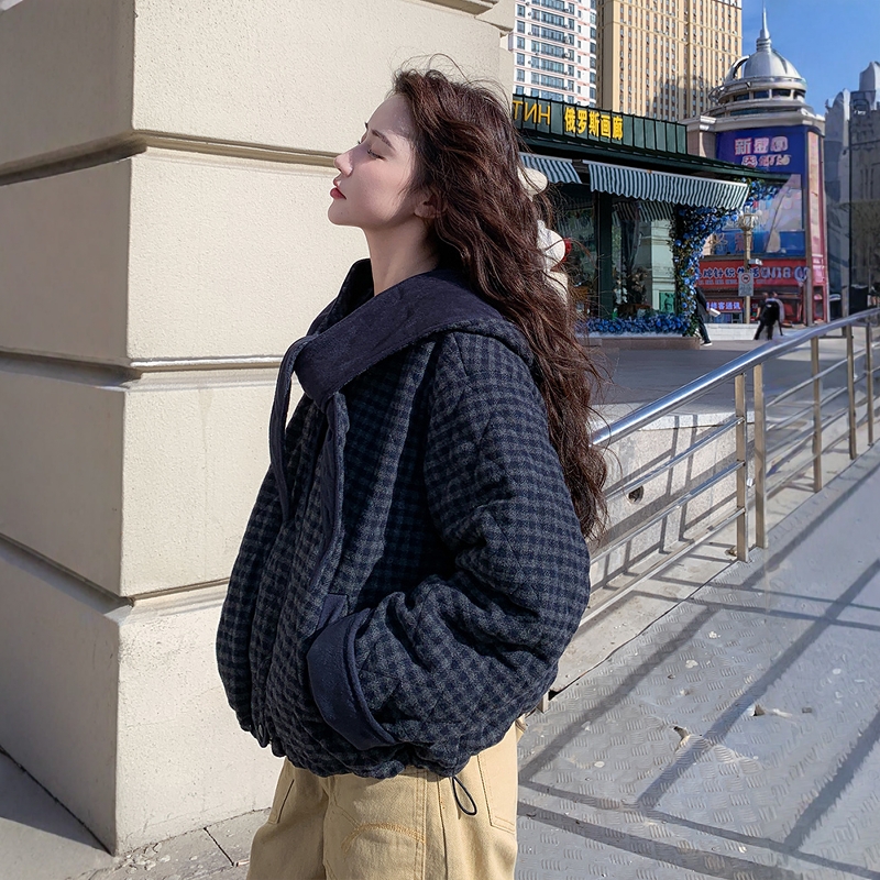 蓝色格子连帽夹棉加厚羽绒棉服女