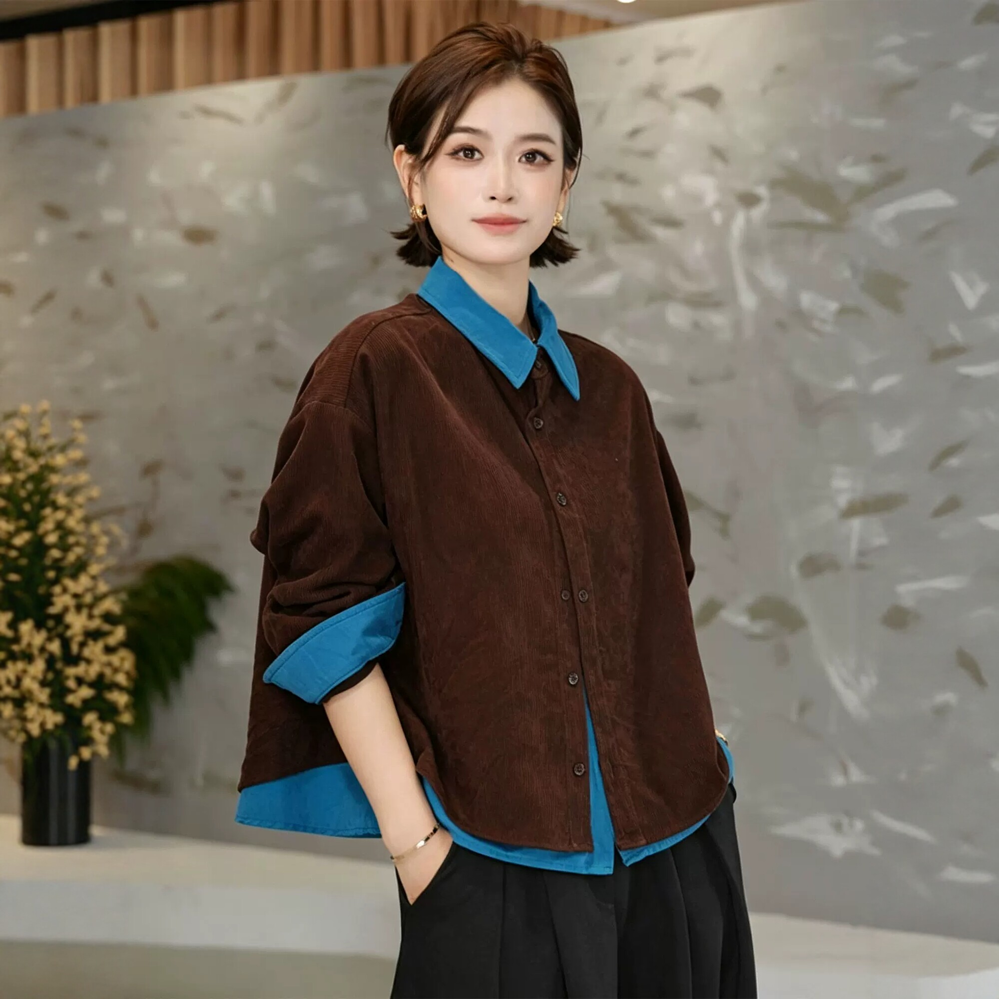 2026秋季新款复古风假两件拼接翻领衬衫女宽松洋气百搭设计感上衣
