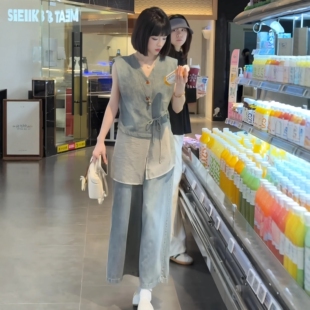 韩系系带牛仔马甲+阔腿裤两件套女2026夏季新款时尚气质显瘦套装