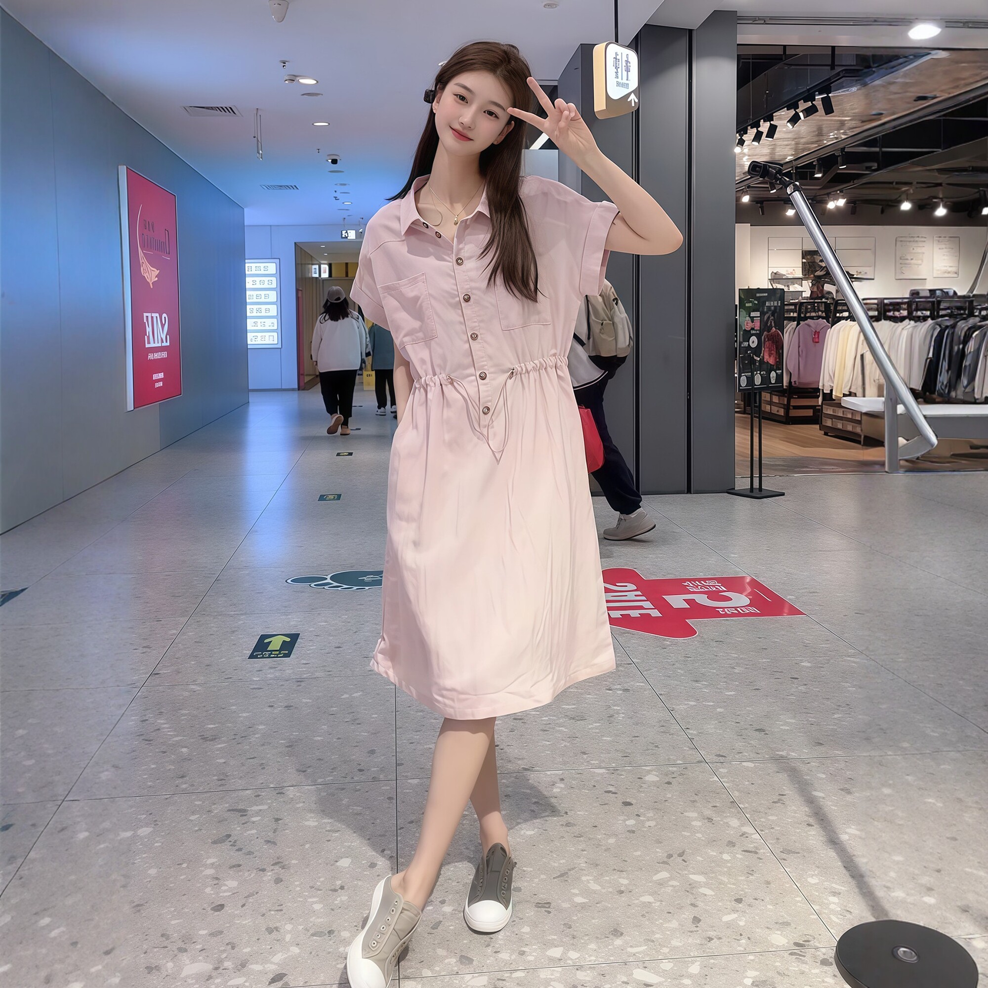 韩版时尚polo领短袖连衣裙女夏季新款休闲收腰显瘦中长款衬衫裙子