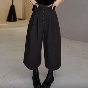 高腰简约宽松气质阔腿裤 流行新款 子 女2025秋季 黑色高级排扣休闲裤