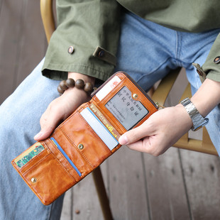 玩爷手工真皮小钱包男女短款 拉链卡包 钱夹头层牛皮三折皮夹子竖款