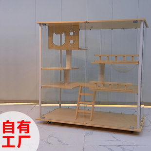 高颜值360全景钢化玻璃豪华猫别墅猫窝可移动室内猫笼实木一体柜