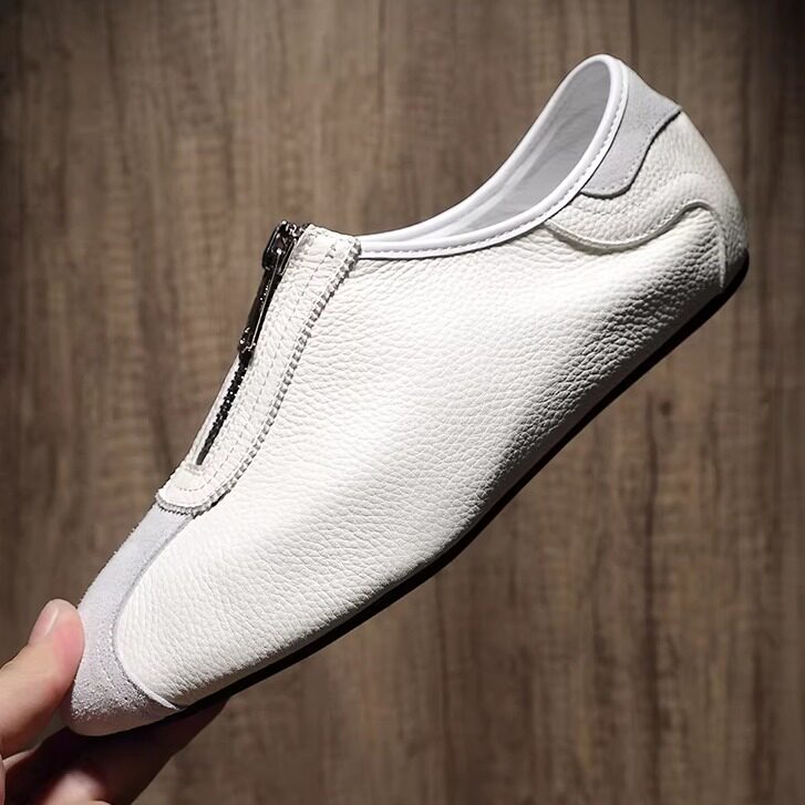 德训鞋男真皮男士白色休闲皮鞋一脚蹬男士乐福鞋百搭透气驾车皮鞋