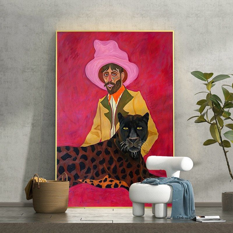 法式中古风戴粉帽子的男人现代客厅玄关装饰O画背景墙壁画竖版挂,家居饰品,现代装饰画,淘宝优惠券,粉丝福利购,淘宝优惠卷