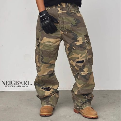 NEIGBORL破洞直筒迷彩工装裤