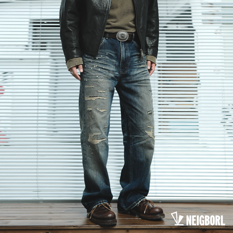 【猫王】NEIGBORL钊叔制美式复古做旧割破水洗潮流百搭男牛仔裤