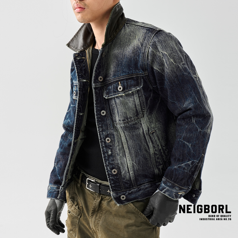 【青筋暴起】NEIGBORL钊叔制做旧洗水重工皮领工装牛仔夹克外套