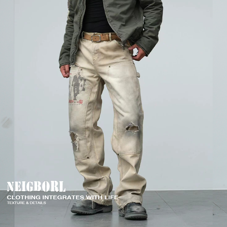 美式复古做旧宽松水洗直筒牛仔裤