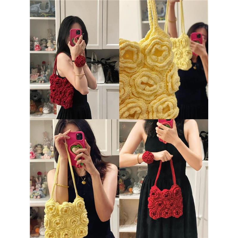 编织手提包包单肩礼物手工针织打发玫瑰花毛线包时间diy钩织材料