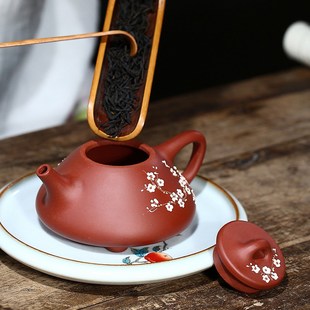 170CC紫砂壶全手工朱泥大红袍泥绘白梅花石瓢壶小容量Z泡茶壶茶具