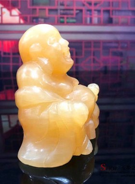 天然米黄玉弥勒佛摆件简约现代客厅电视柜办公桌T面装饰中式玄关