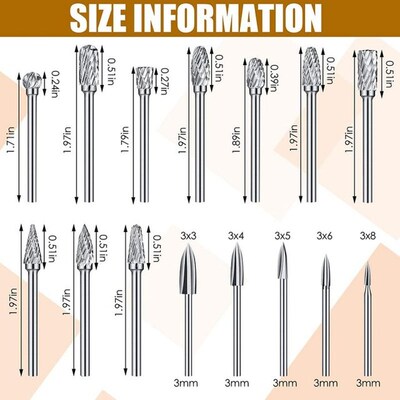 15Pcs Cutting Burrs Bits Set Solid THungsten Steel Rotary Fi