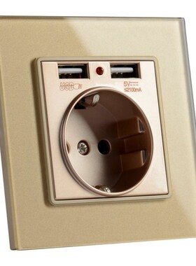 EU wall Power plug Socket with Busb outlet, Glass 2A Dual US