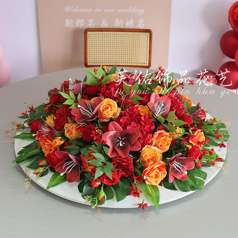 圆桌转盘中间摆花酒店饭r店餐桌花假花仿真花桌面摆件大桌花装饰
