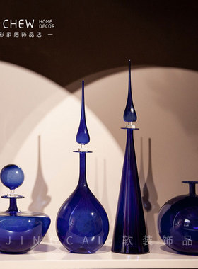 极简轻奢现代蓝色玻璃摆件桌面样板间玄关K售楼处软装家具饰品摆