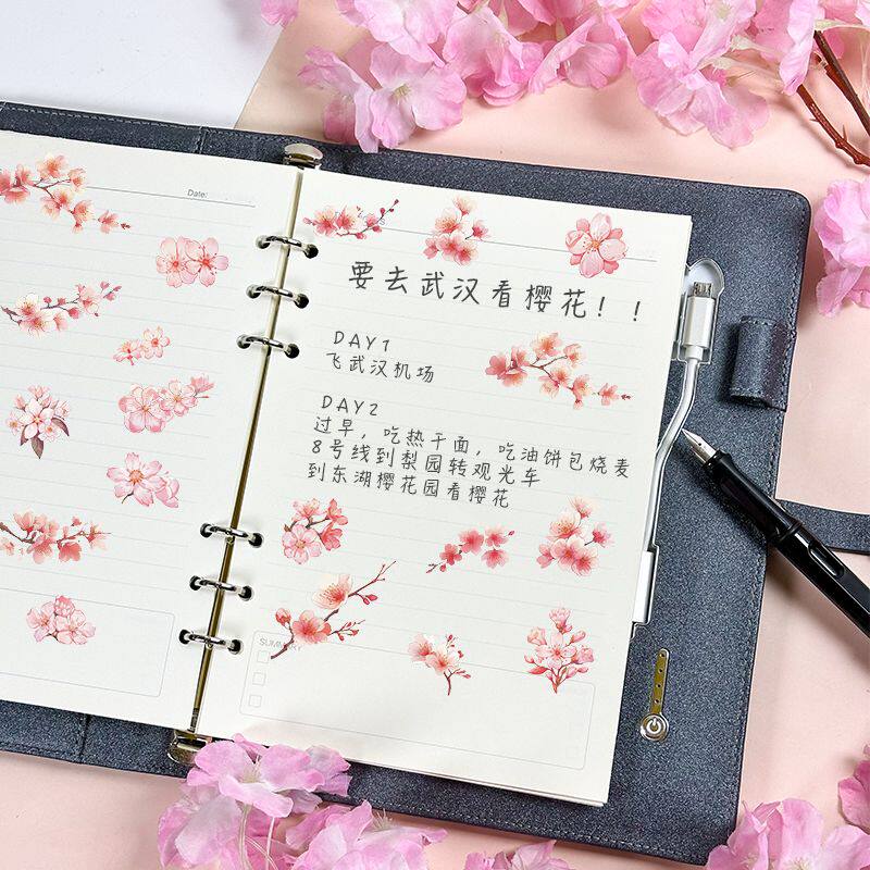 日系浪漫樱花朵透明贴纸防水自粘diy手账水杯装饰小图案贴画