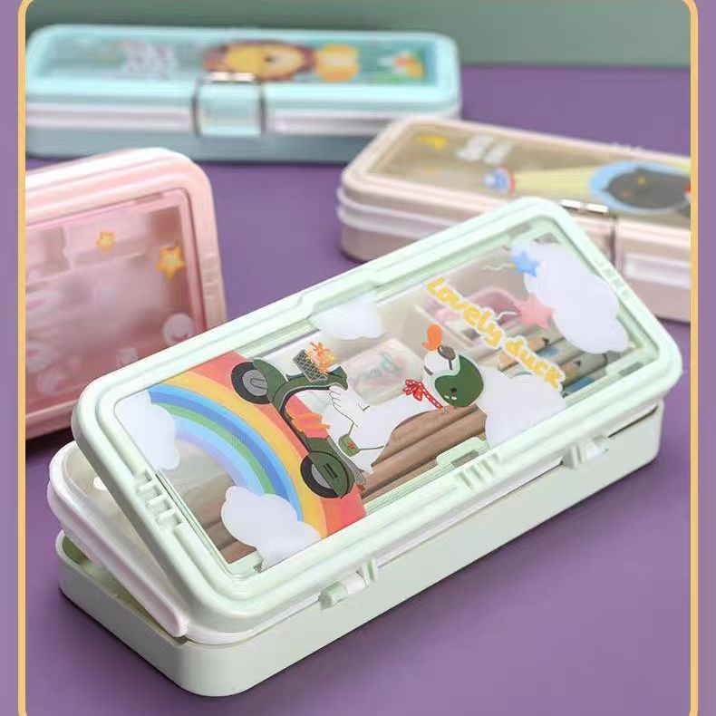 卡通双层塑料铁扣笔盒中小学生男女多功能铅笔收纳创意礼品奖品盒