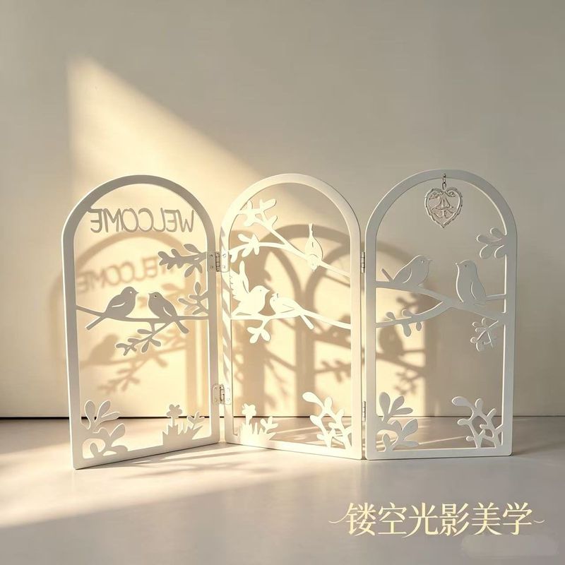 法式白色鸟语花香铁艺小屏风玄关桌面园艺剪影装饰摆件