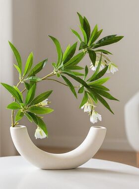 北欧 ins 弯月陶瓷花瓶轻奢仿真水石榕假花室内艺术家居摆件