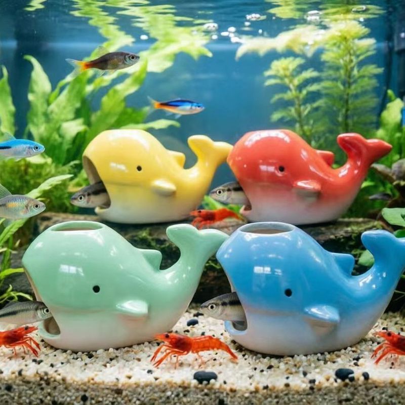 鲸鱼陶瓷躲避屋鱼缸鱼虾繁殖罐创意造景装饰水族摆件