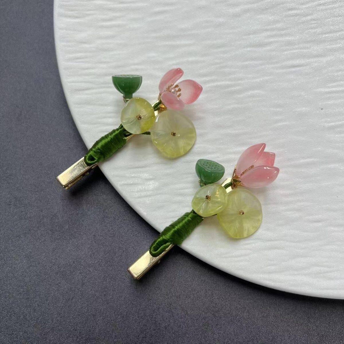 中式琉璃荷花发簪u钗古风汉服旗袍荷叶头饰夏日玉簪花发饰女