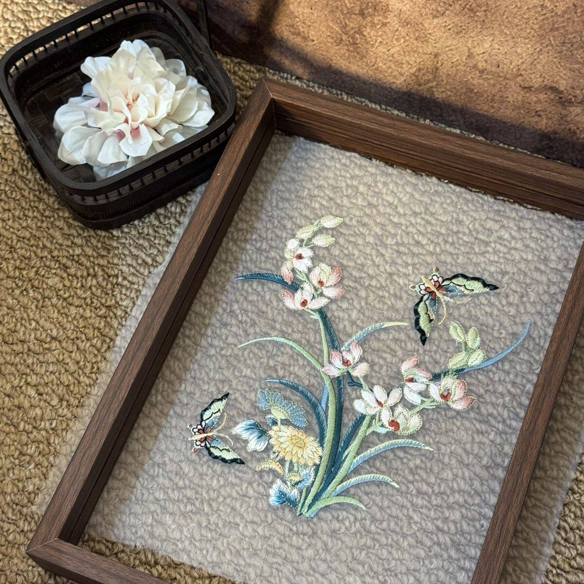 团扇相框云肩辅料荷花梅花蝴蝶绣片DIY装饰刺绣布贴