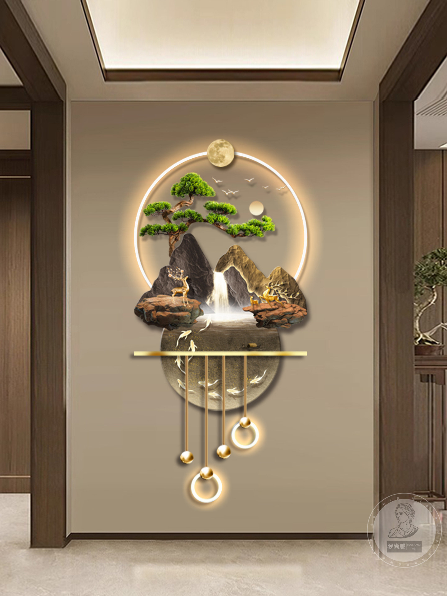 轻奢山水玄关装饰画走廊过道挂画LED发光画立体吊坠壁灯画