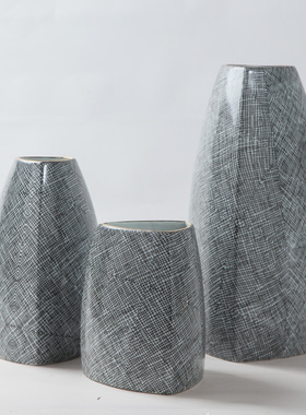 景德镇现代简g约几何陶瓷皮纹网格花瓶摆件样板间酒店客厅花器装