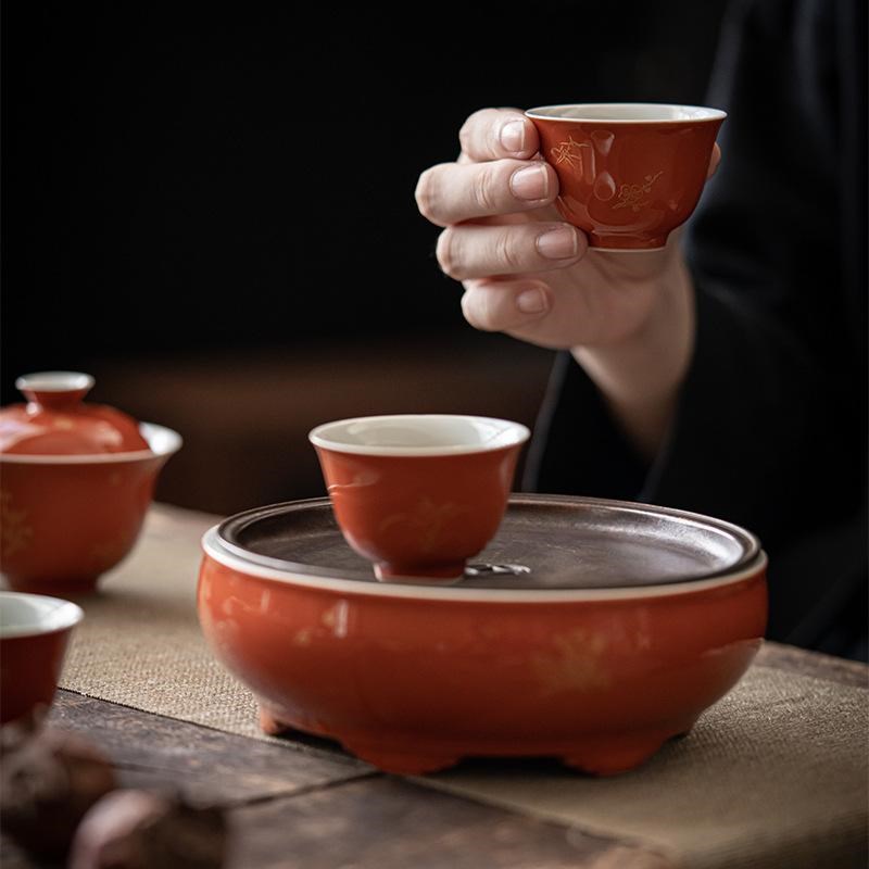 矾红仿古锡盖做旧壶m承茶洗红色水盂干泡圆形陶瓷蓄水盘茶道小茶