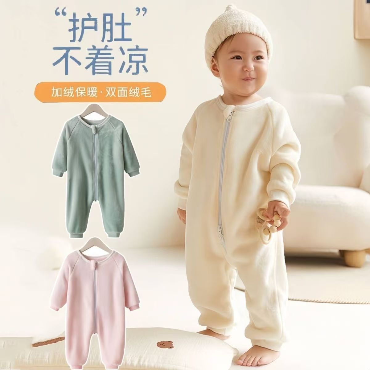 婴儿法兰绒保暖睡衣秋冬季男宝宝珊瑚绒连体衣服冬款加绒冬装睡袋