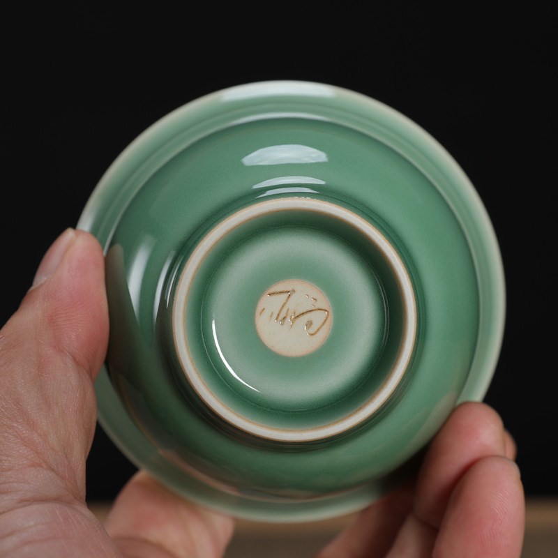 青瓷全手工盖碗周连福弟窑梅子z青刻花茶泡碗弟窑茶杯陶瓷功夫茶