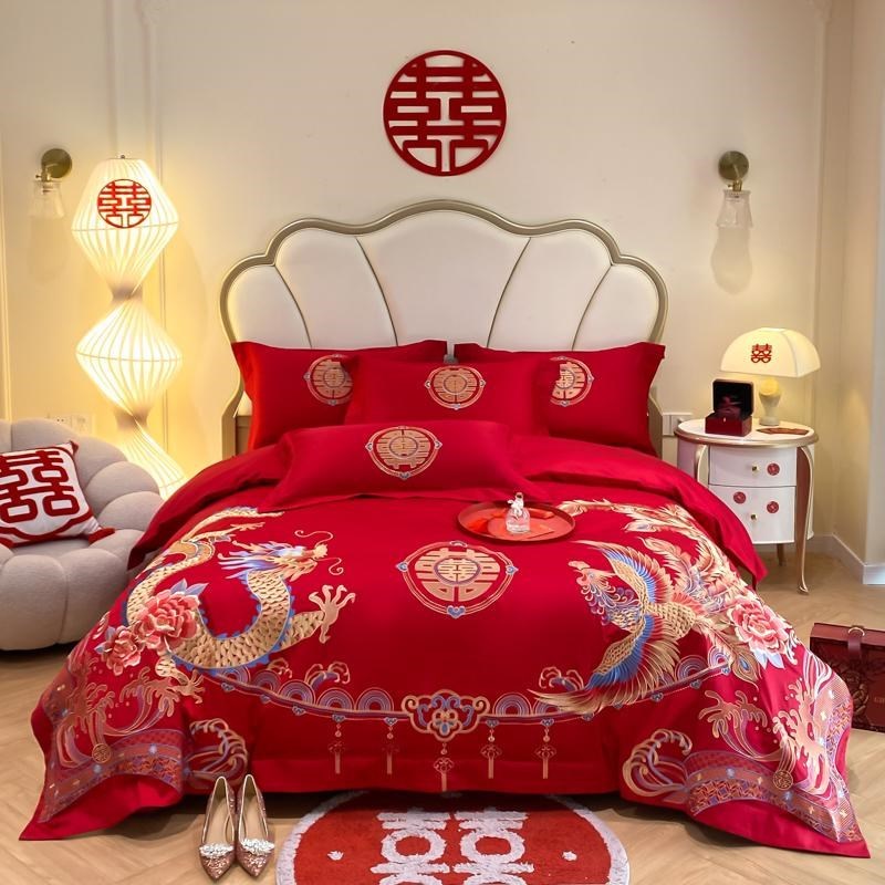 龙凤刺绣1c00支结婚四件套2024新款L红色被套婚庆床上用品4