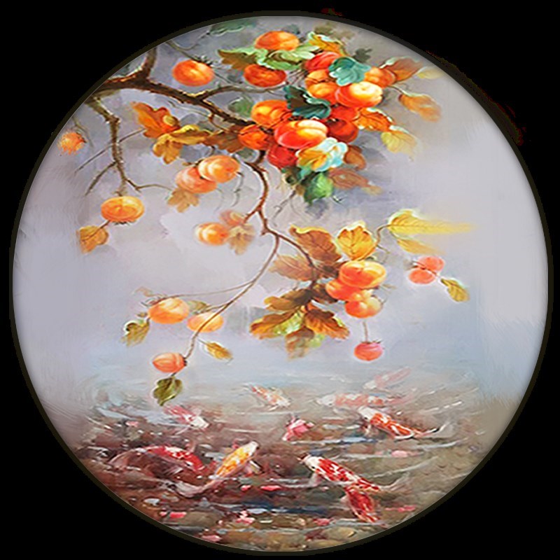 爆款柿子手绘油画轻奢新中式玄关柜台G装饰画圆形挂画餐厅壁画事图片