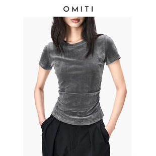 丝绒上衣 T恤女短款 细腻绒感 植绒网纱高腰捏褶短袖 OMITI省略