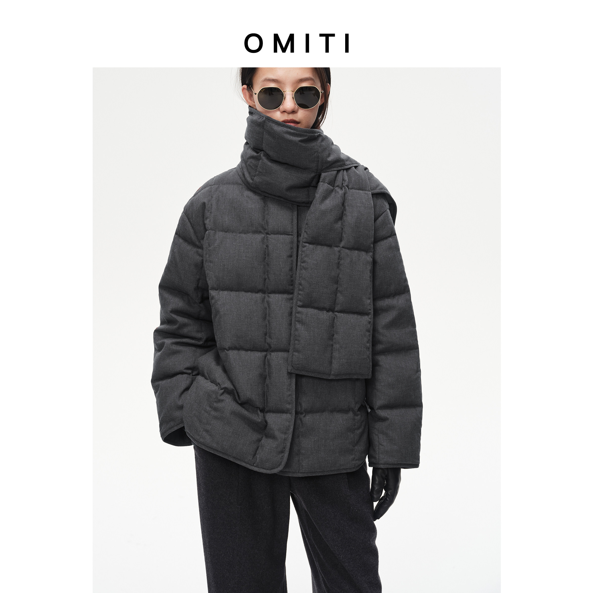 OMITI省略 高级亚麻混纺绗缝设计白鹅绒领羽绒服围巾圆领短款外套