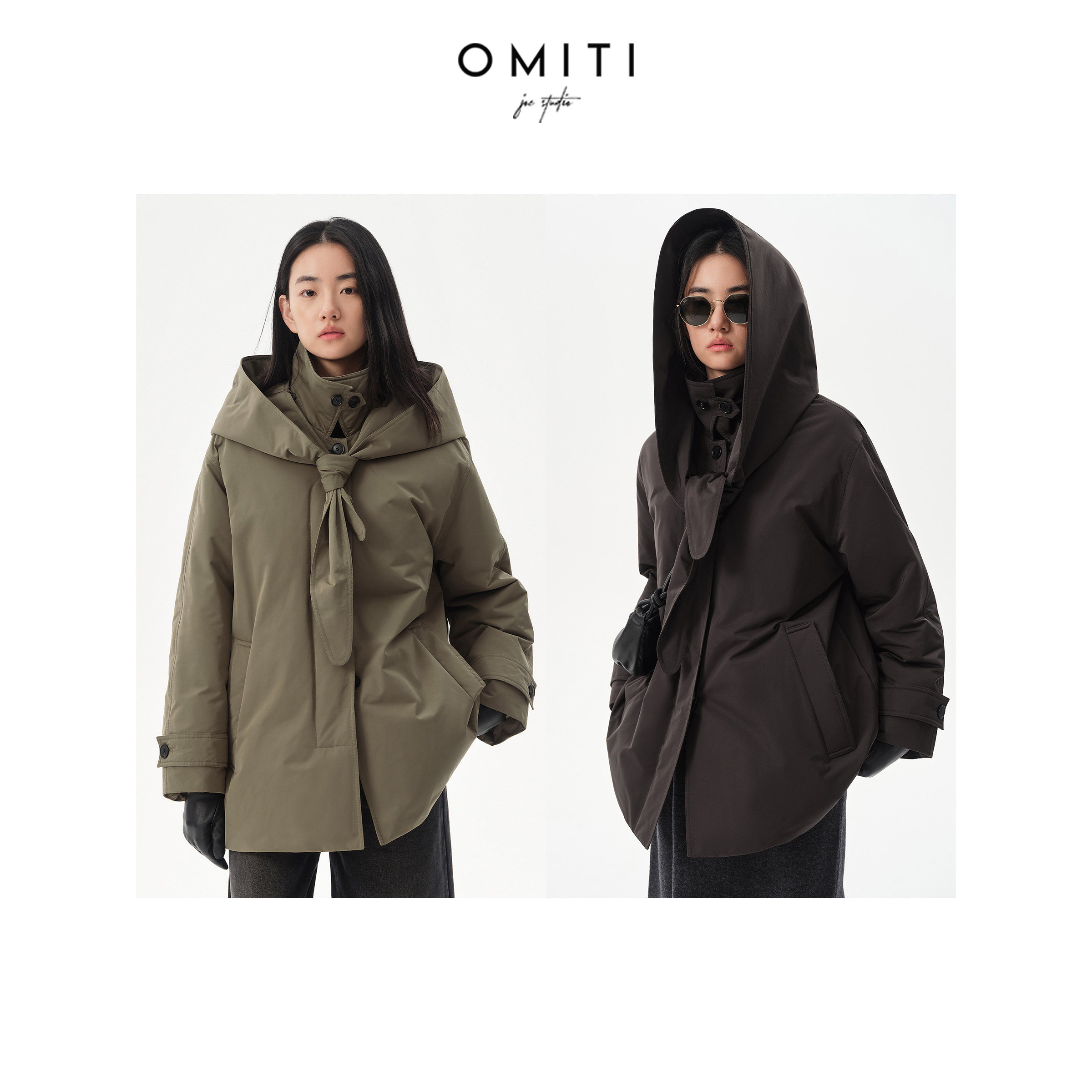 OMITI省略 秀场款可拆卸连帽设计白鹅绒羽绒服女气质围巾领外套