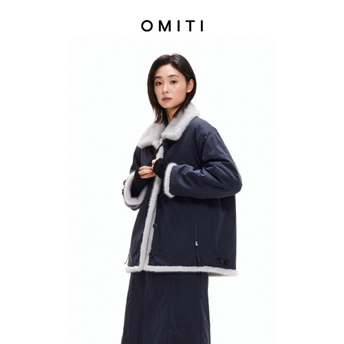 OMITI省略 巴恩风撞色翻领环保皮草保暖棉服羊毛填充夹克外套女
