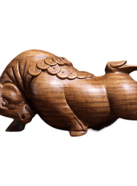 天然绿檀b木实木雕刻生肖斗牛小摆件文玩手把件家居装饰品工艺品